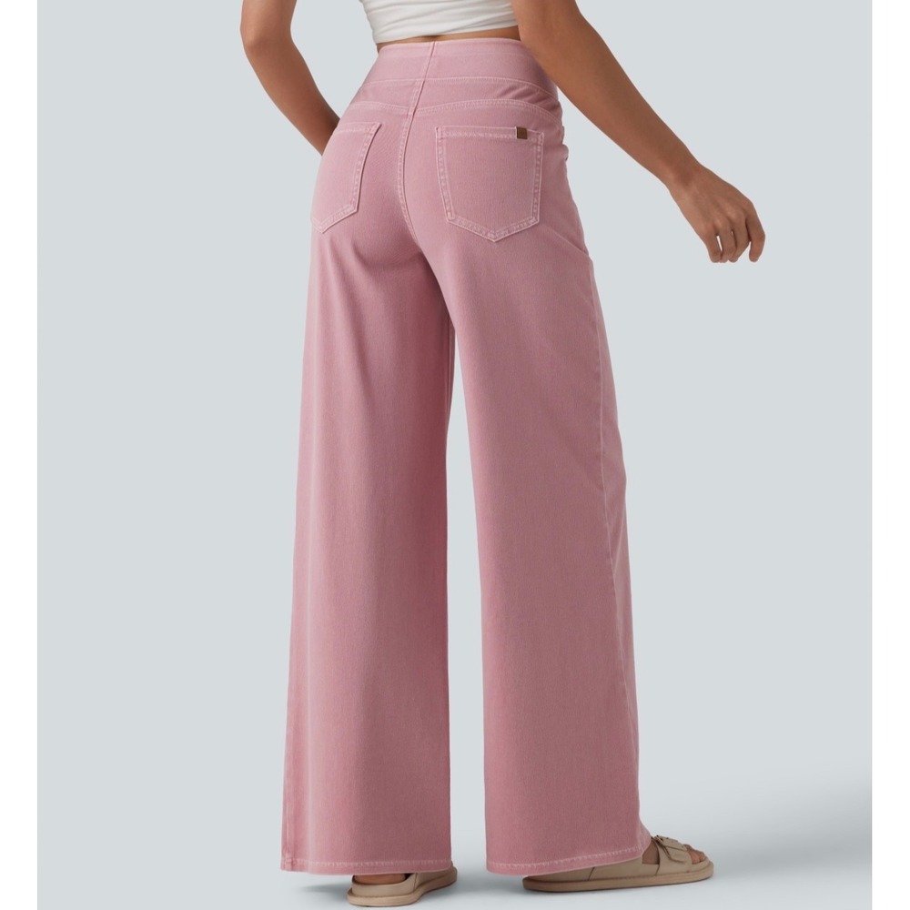 Halara Women High Waisted Wide Leg Pink Casual Jeans Pockets Size M NWT